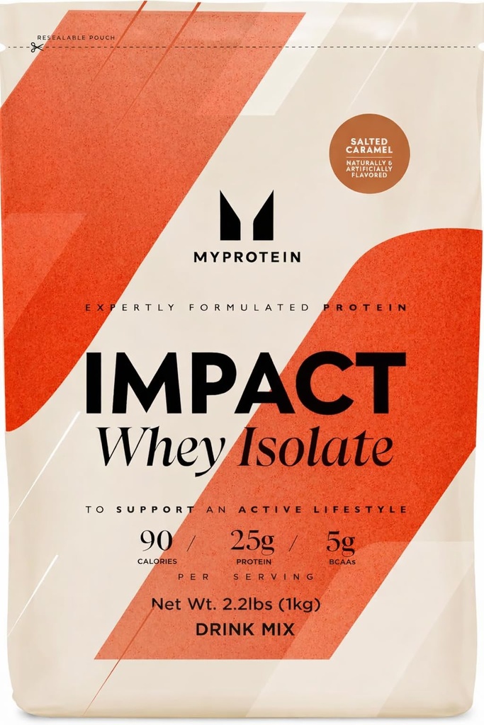 Myprotein Impact Whey Protein Isolate, 2.2 Lbs (40 Servings) Salted Karmel, 21g Protein & 6g BCAA Na Podawanie, Gluten- Free Shake dla mięśni Siła & Odzysk