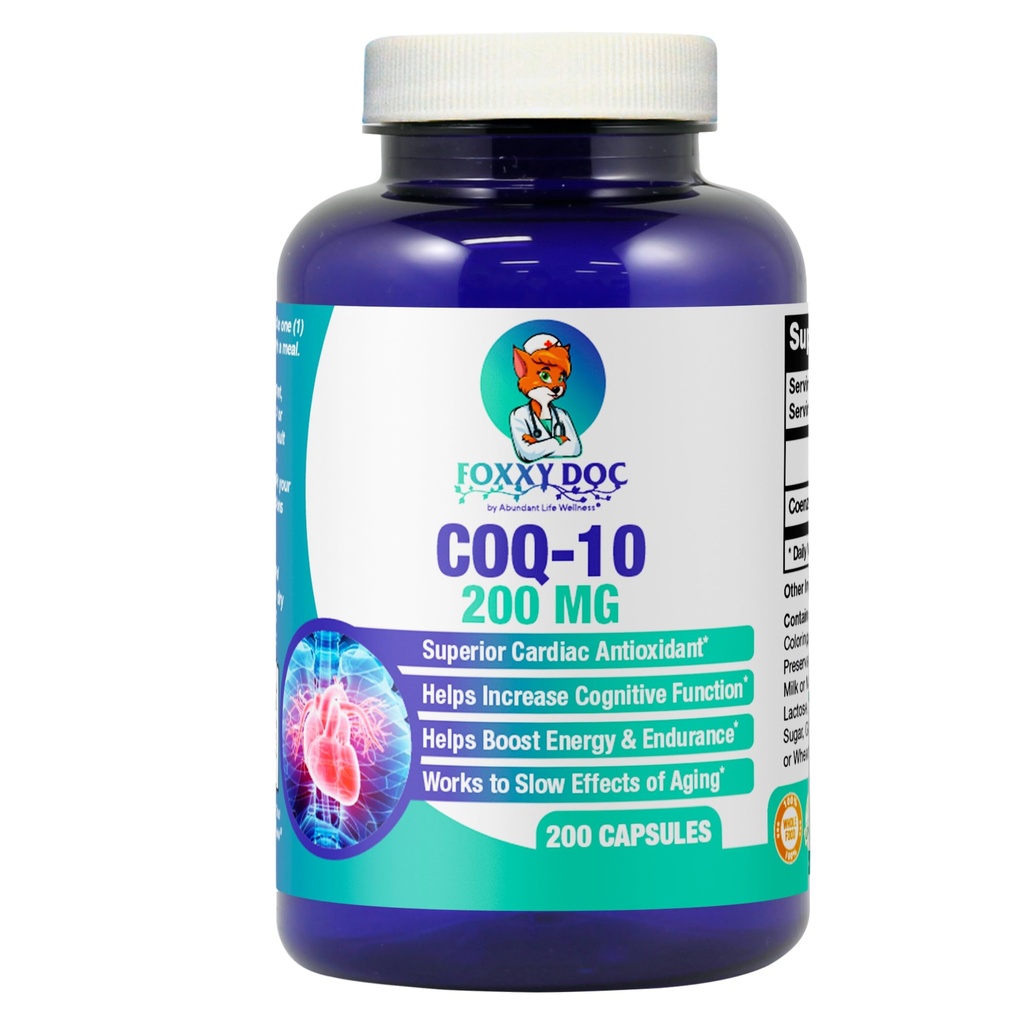 CoQ10 - Co- Enzyme Q10- 200 mg - Wysoka absorpcja - 400 mg na 2 kapsle - Nie-GMO - Gluten Free - 200 Veg. Czapki - Heart & Cellular Support - Made in USA by Foxxy Doc