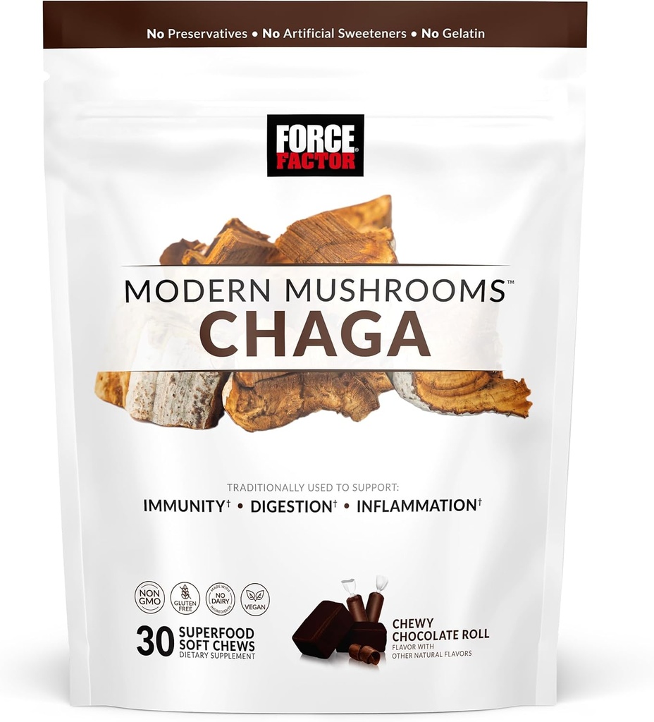 Force FAKTOR Nowoczesne Grzyby Miękkie Chews, Chaga Grzyby Suplement do wsparcia odporności, trawienie, & Gut Zdrowie, Suplement przeciwutleniaczy, Pyszny Czekoladowy Smak Roll, 30 Soft Chews