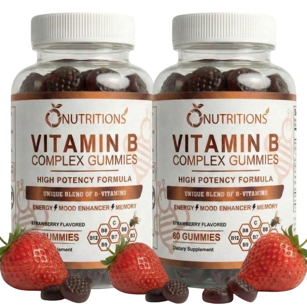 O NUTRITIONS Witamina B Kompleks Wegan Gummies z witaminą B12, B7 jako Biotin, B6, B3 jako Niacyna, B5, B6, B8, B9 jako Folate for Stress, Energia i Zdrowy system immunologiczny (2 opakowania)