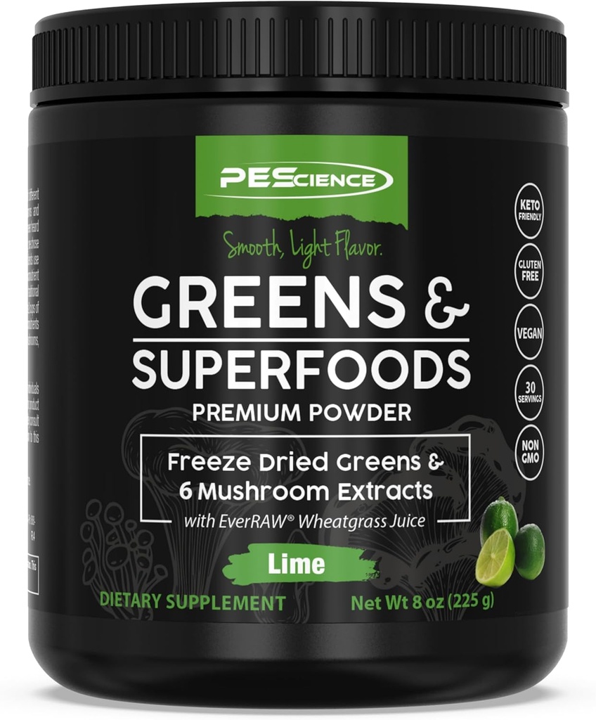 Pescience Zielony Proszek Superfood z Chlorophyll Natural, Reishi & Turcja Tail Mushroom proszki, Freeze- Suszony Kale, Szpinak, Broccoli sprauts, Lime Flavor, 30 Słupki