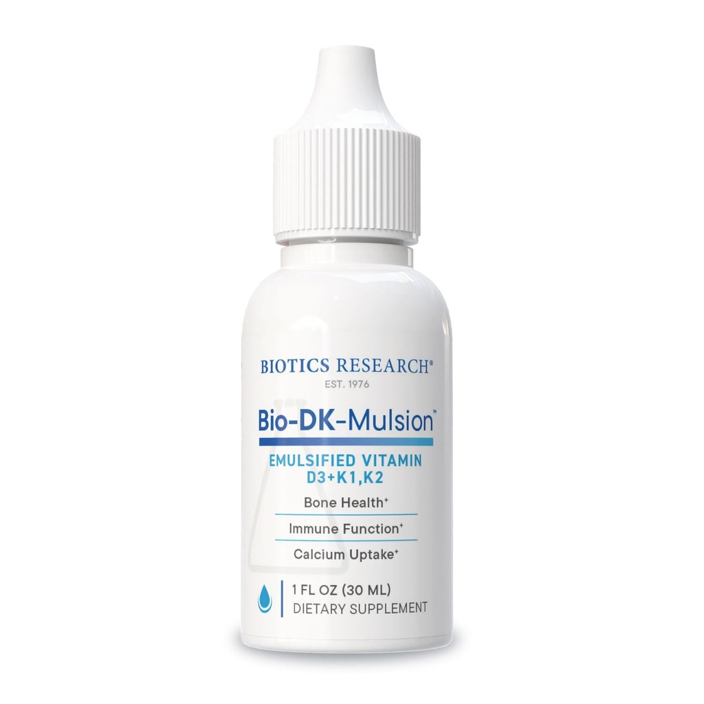 Biotics Research Bio- DK- Mulsion ™ - Emulsyfikowana płynna witamina D i K, D3 Krople 125 µg i witaminy K (K1, K2) 300 µg MK- 7- Wspiera silne kości, siłę mięśniowo- szkieletową, zdrowe serce i BMI 1 fl oz