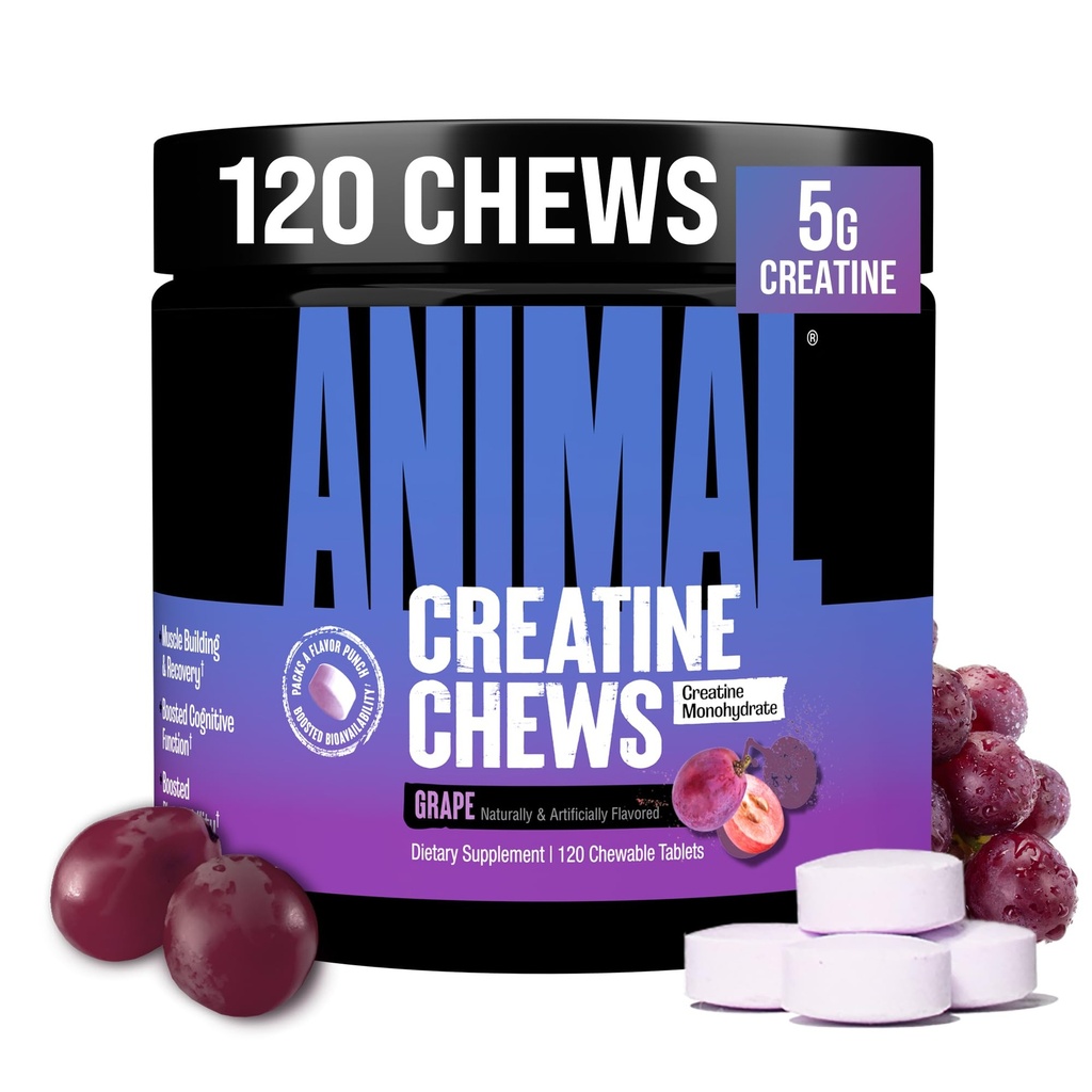 Animal Creatine żuć tabletki - Wzmocnione Monohydrat kreatury z AstraGin poprawić wchłanianie, Sól morska dla dodawanych pomp, Pyszne i wygodne tabletki do żucia - Grape