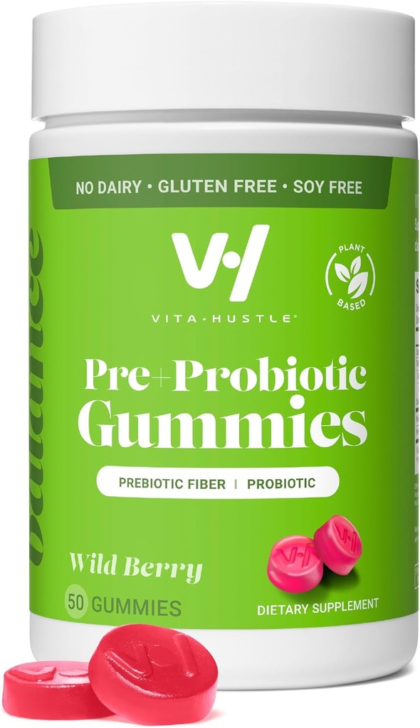 VitaHustle Pre + Gummie probiotyczne, Wegan, Gut Health, trawienie, wzdęcia, Relief, Wsparcie immunologiczne, Niski cukier, Rośliny oparte, Nie GMO, Berry Flavor, 50 Hrabia