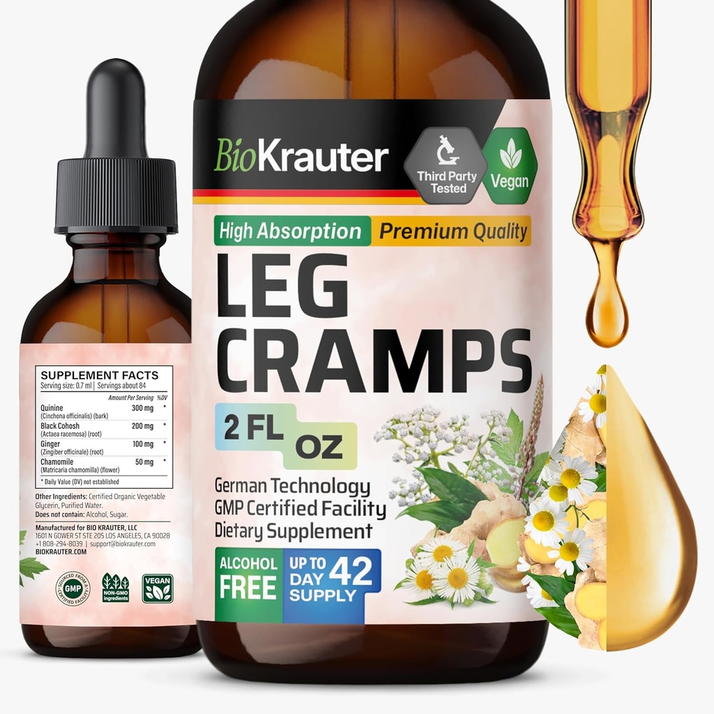 BIO KRAUTER Kurcze nogi nalewka z chininy - Ginger & Rumianek Liquid Extracts for Leg Cramps - Natural Alcohol & Sugar Free Formula - Vegan Drops 2 Fl.Oz.
