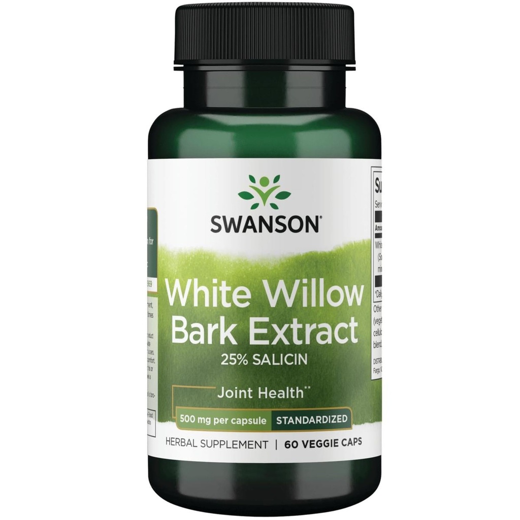 Swanson Maksymalna moc Biała Willow Bark Extract- Promotes Joint Support & Muscle Relief- Standaryzowane do 25% Salicin- Natural Supplement bez podrażnienia żołądka (60 Veggie Caps, 500mg każdy)