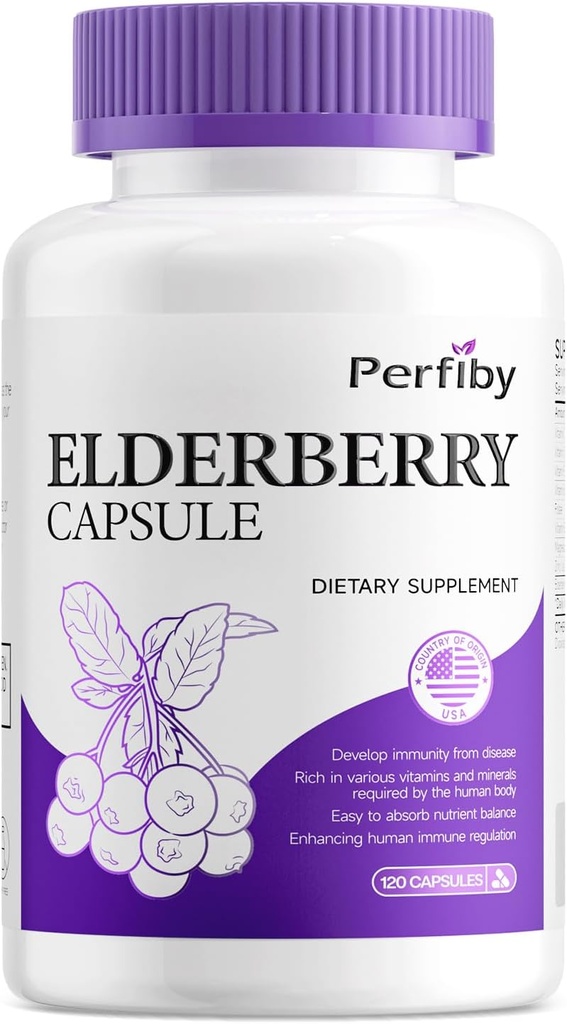 Kapsułka z jagodami Elderberry z Magnezu i Witaminą C, D3 i Cynkiem - Suplement wsparcia immunologicznego dla dorosłych, 120 Kapsułek, 60-dniowe dostawy
