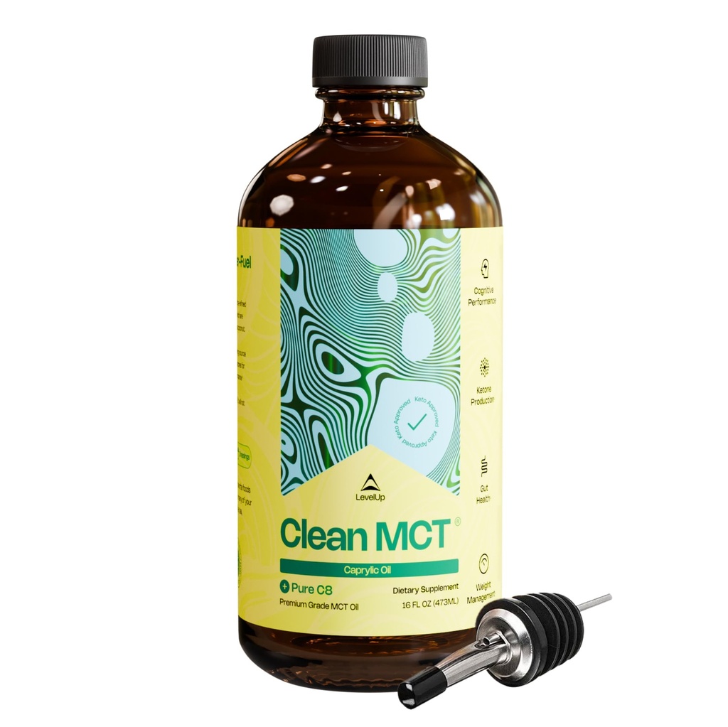 LevelUp Clean MCT Olej - 100% Captile C8 for Energy, Focus, Weight Management, Gut Health, Brain Superfuel - Keto Supplement for Ketogenic Coffee and Ketones - Non-GMO (16 oz szklanej butelce)