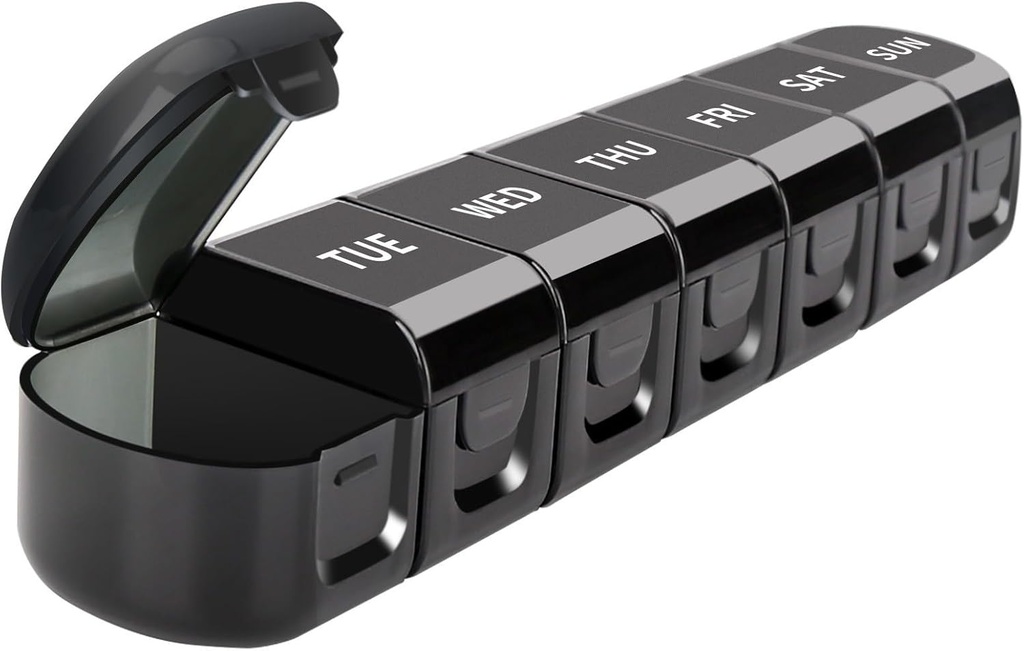 Daily Pill Organizator, 7 Komory Oddzielny pojemnik na leki, Czarny, Rozmiar podróży Planister witaminy, Przenośne Meds Storage 7- Day Holder dla leków, Oleje rybne, Suplementy