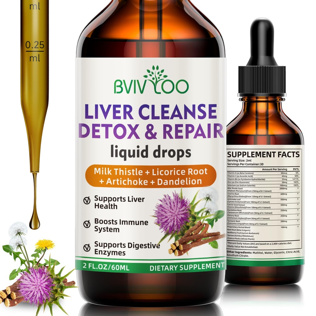 Oczyszczona wątroba Detox & Naprawa płynnych kropli - 2000mg Mleko Thistle, Dandelion Root, Karczoch, Ekstrakt silimaryny, & Zioła turmerowe - Wegan, Non-GMO - 2 Fl Oz (60ml) Butelka
