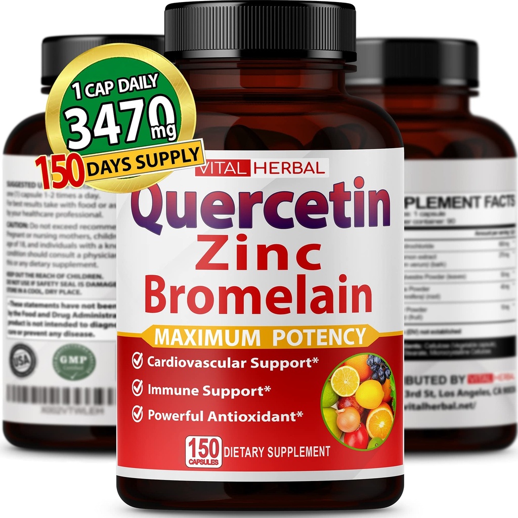 Premia wysokiej czystości Quercetin 98% z Bromelain Kapsułki dla maksymalnej mocy z zielonej herbaty Ashwagandha - Wsparcie całkowitej energii zdrowia - 150 Dni dostaw