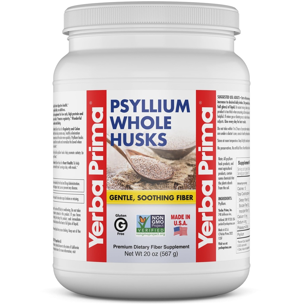 Yerba Prima Pzyllium Whole Husks Fiber Supplement - Colon Cleanse - Gut Health - Vegan Non-GMO Gluten Free - 20oz