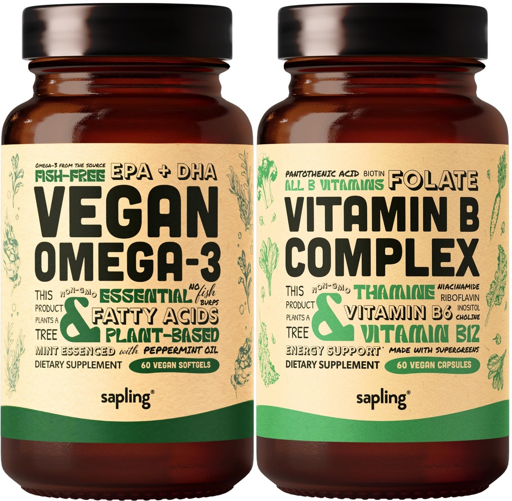 Wegański Omega 3 & Wegański kompleks witaminy B - Plant- oparte na DHA & EPA tłuszczowe kwasy, Witaminy Esential B z całego mieszanki żywności, B1, B2, B3, B5, B6, B7, Folate