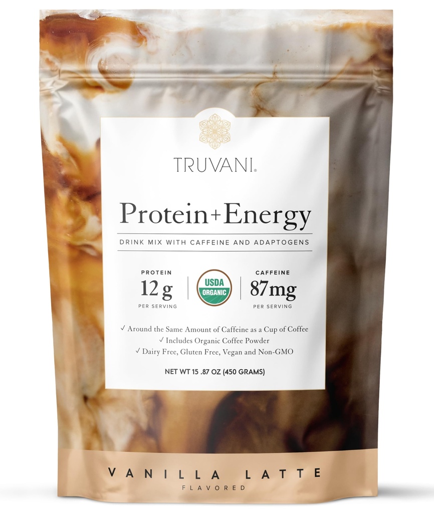 Truvani Protein + Energy Drink Mix z 87mg kofeiny 124; Vanilla Latte Bilans 124; 12g Organic Plant Based Protein 124; 20 Służenia 124; USDA Organic Coffee Powder & Adaptogens X124; Gluten & Dairy Free X124; Vegan Xion124; Non-GMO