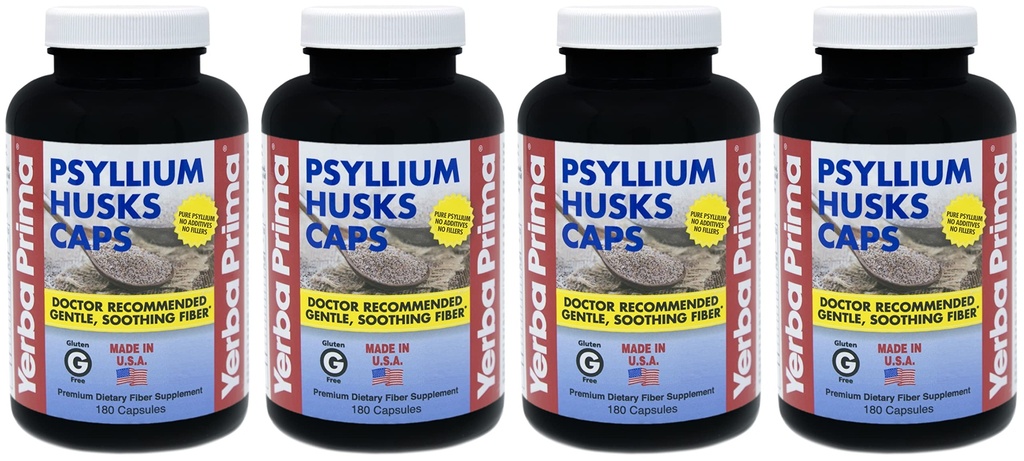 Yerba Prima Pyllium Husks Caps - 180 czapek (Pack of 4) - Natural Fiber Supplement - Non-GMO Gluten Free