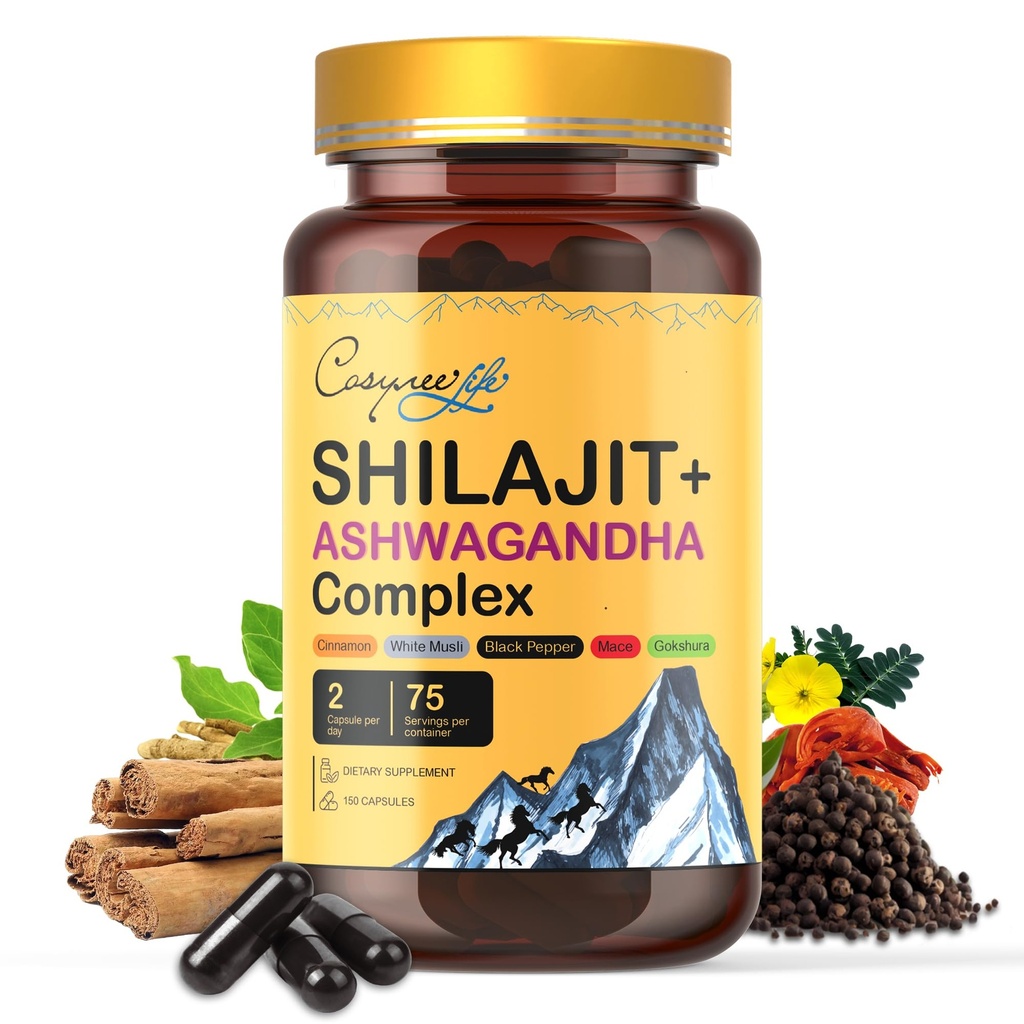 Himalayan Shilajit- Kompleks z Ashwagandha, Mace, Gokshura, Cynamon & Piperine 124; Energia, Witalność & 85 + Ślad minerałów, Shilajit dla mężczyzn, Shilajit dla kobiet, Dawka regularna - 150 kapsułek