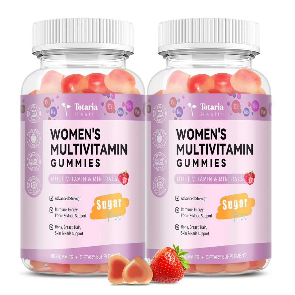 Totaria Gumiaki bezcukrowe wieloskładnikowe dla kobiet 14 + w / Inozytol, Żelazko, Folate, Biotin, Womens Daily Multivitamine Gummy w / Witamina A, D, C, B, Włosy podtrzymujące, Skóra, Energia, Immune, Flavor truskawkowy