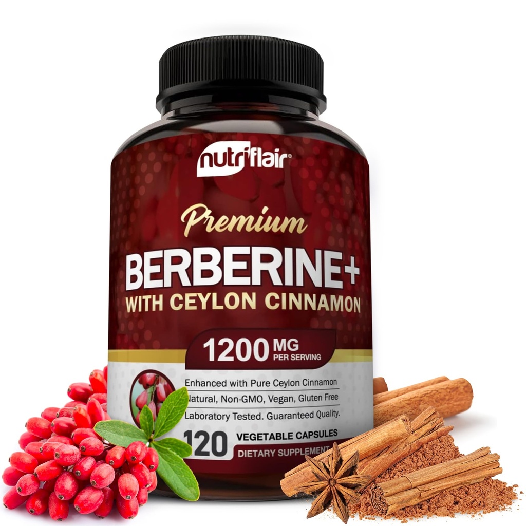 Nutric Flair Premium Berberine HCL 1200mg, 120 kapsułek - Plus Pure True Ceylon Cynamon, Berberine HCI Suplementy korzeniowe - System immunologiczny - daje optymalny 8% HCl