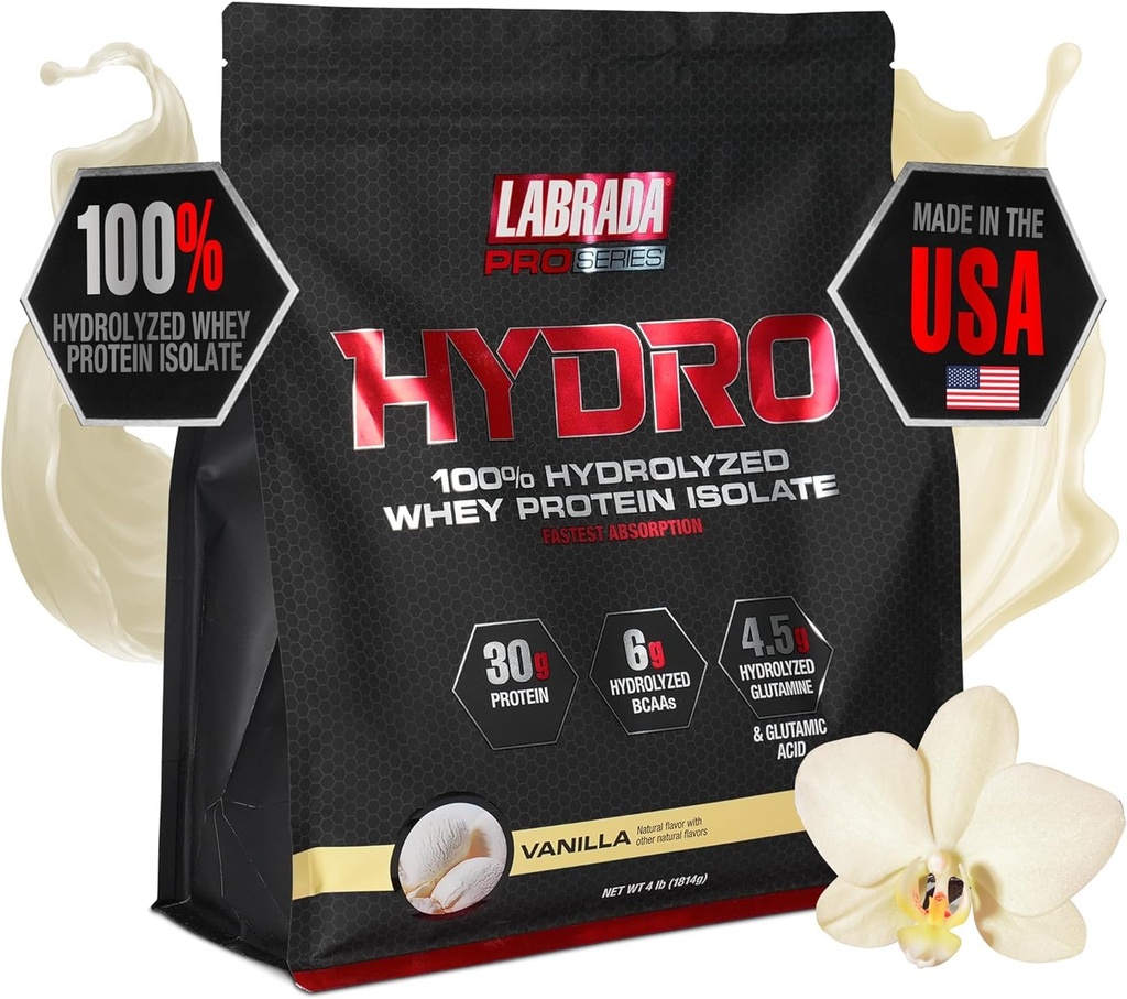 Labrada Hydro 100% Czysty hydrolizowany proszek z izolatu białka serwatki, Laktoza wolna, Glutamina, Najszybsza serwatka dostępna, Natychmiastowe mieszanie, Pyszny smak 48 Słupki 4lb (Vanilla)