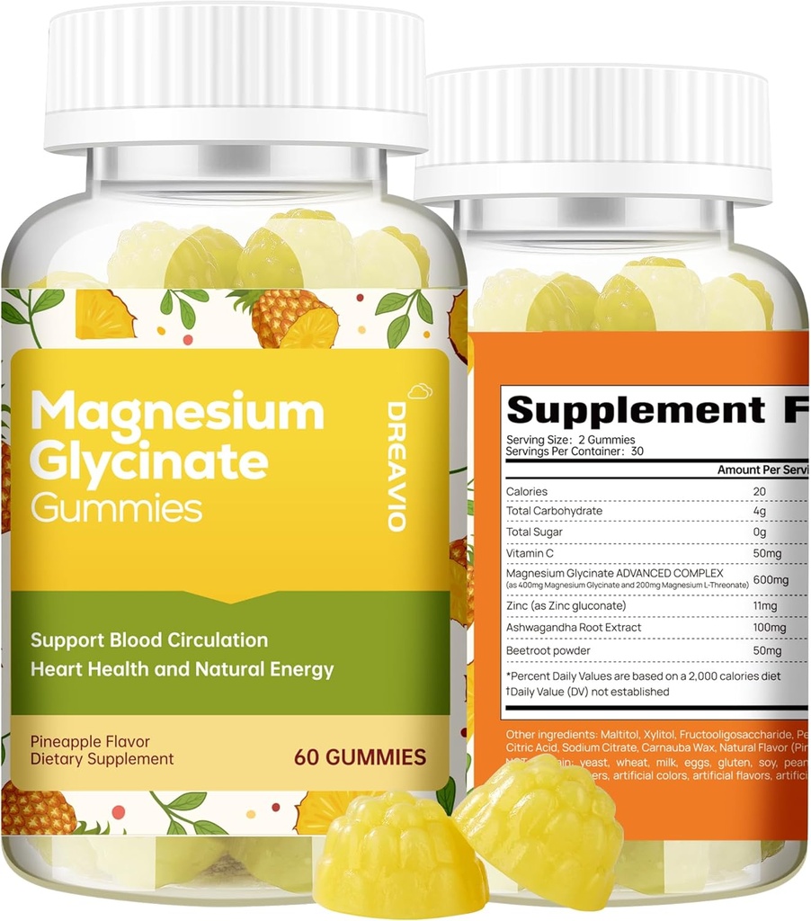 60 Hrabia Glycinate Magnezu Gummies 400mg w / suplement Ashwagandha - Sugar Free Cynk Magnezu Glycinate Supplement Ashwagandha Gummies dla dorosłych Flavor ananasowy