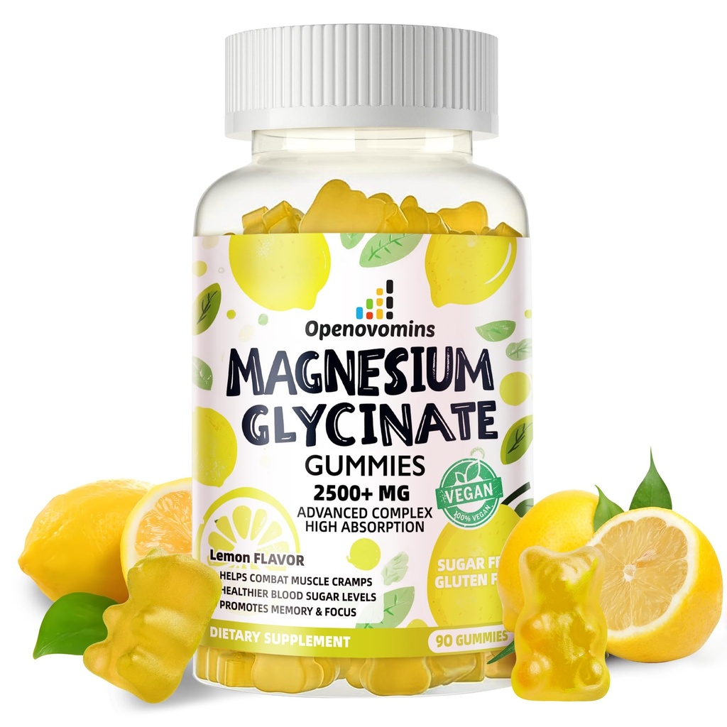 Glucynian magnezu Gummies 2500mg - Suplement potasu bez cukru Magnezu z witaminą D, B6, CoQ10 dla uspokojenia nastrojów i wsparcia snu - 90 Lemon Gummies