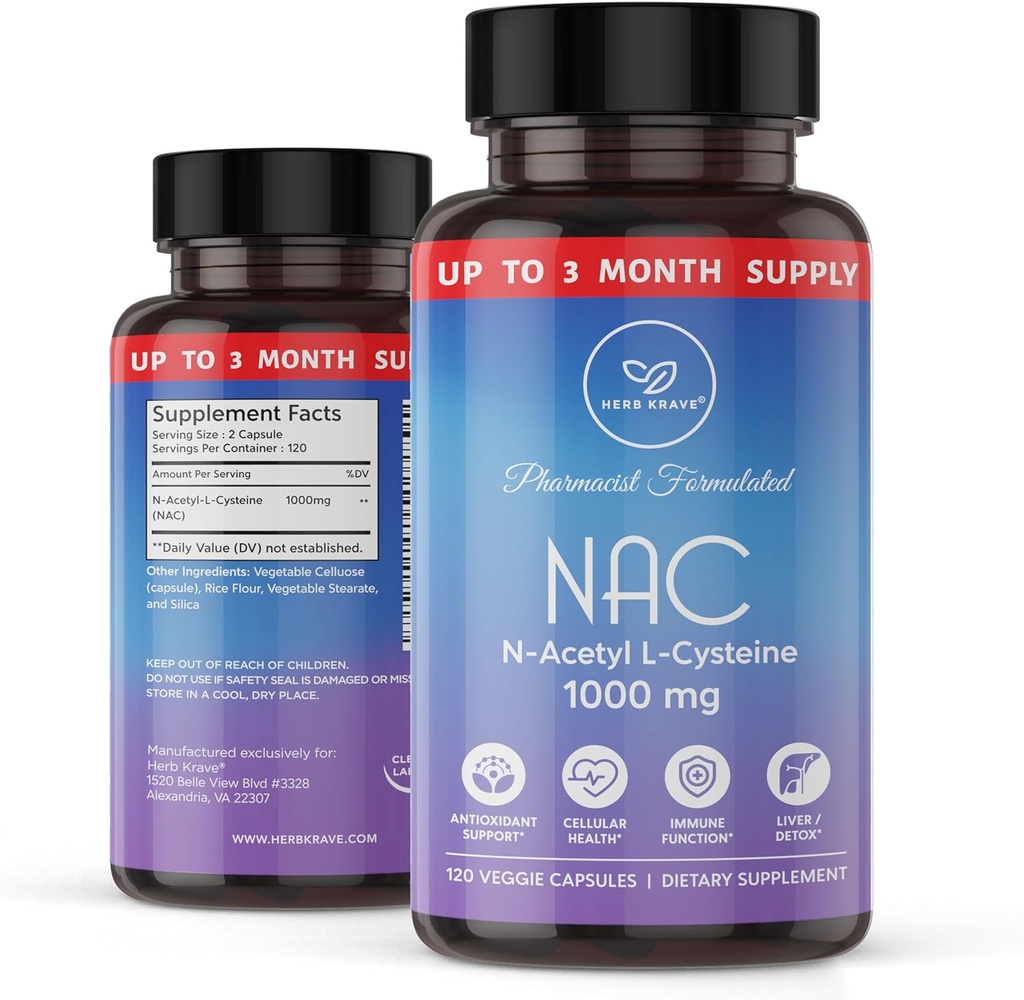 Suplement NAC N- Acetylo Cysteina 1000 mg, Amino Acid, Naturalny przeciwutleniacz, Wsparcie dla wątroby, Lung, System immunologiczny, Płodność 124; 120 N- Acetylo-L- Cysteina kapsułki