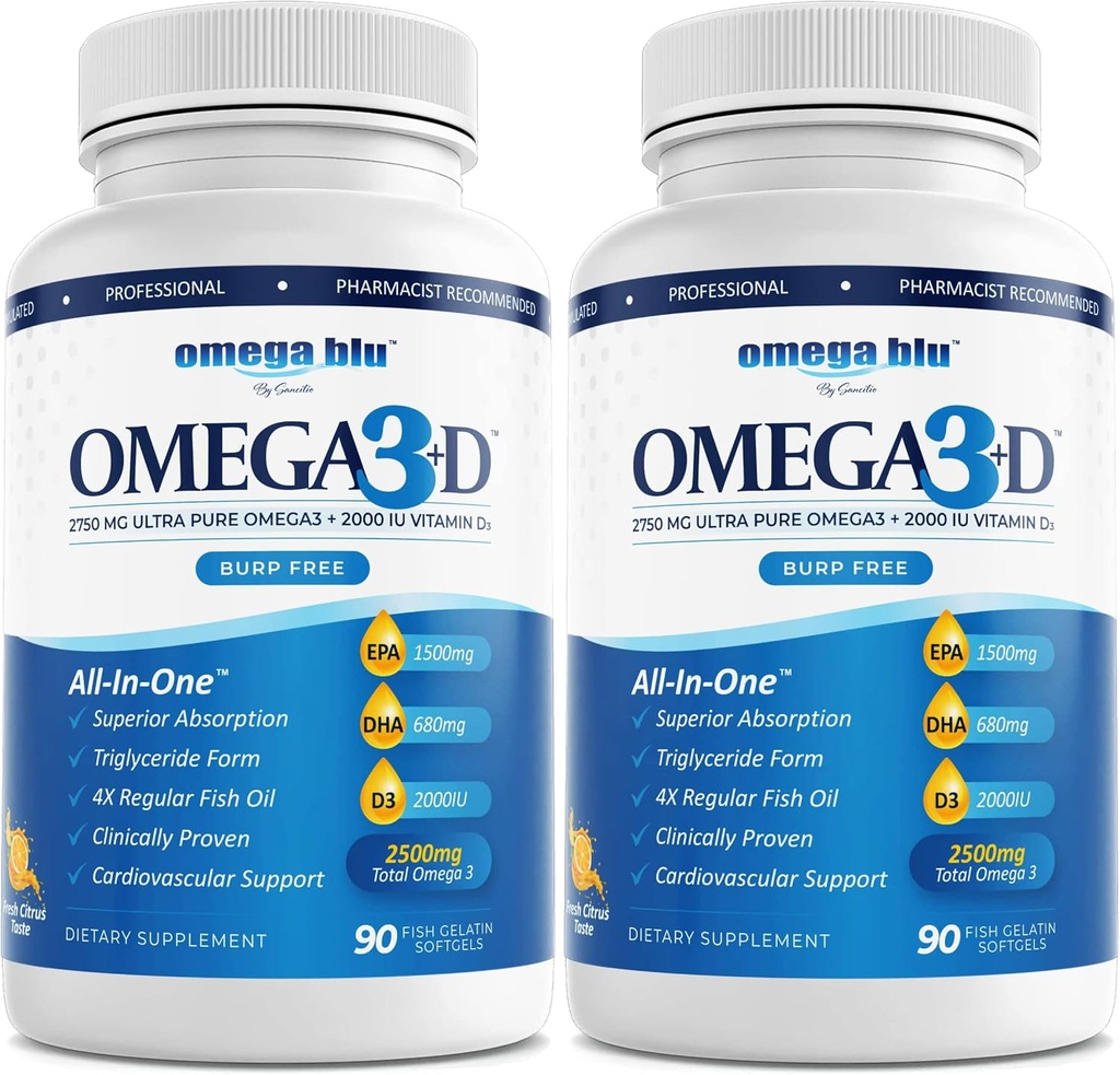 Triple Force Pharmaceutical Grade Fish Oil 2750mg - Witamina D3 50mcg - 1500mg EPA - 680mg DHA - Heart - Cholesterol - LDL - HDL - No Burps lub Heartburn - Wysokie stężenie - 90 Służenie