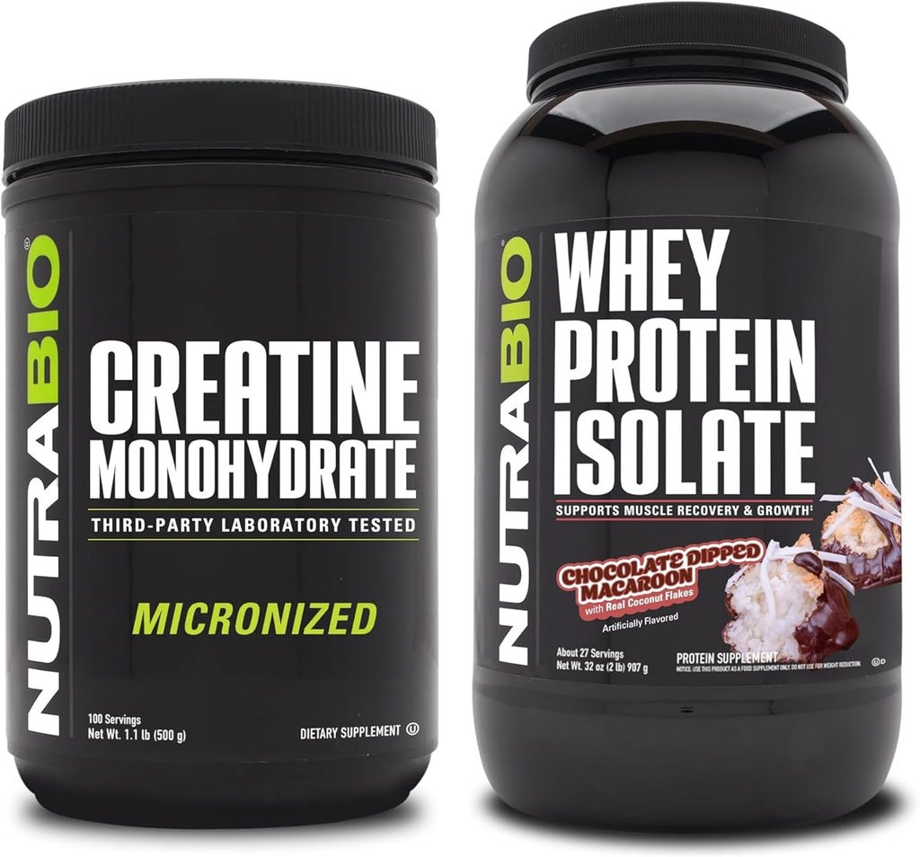 Monowodzian NutraBio Creatine, Izolat niearomatyczny, 500 g białka serwatkowego i serwatkowego, makaron czekoladowy, suplement Bundle - Energia mięśniowa, Lean Muscle Growth, Odzysk i Siła