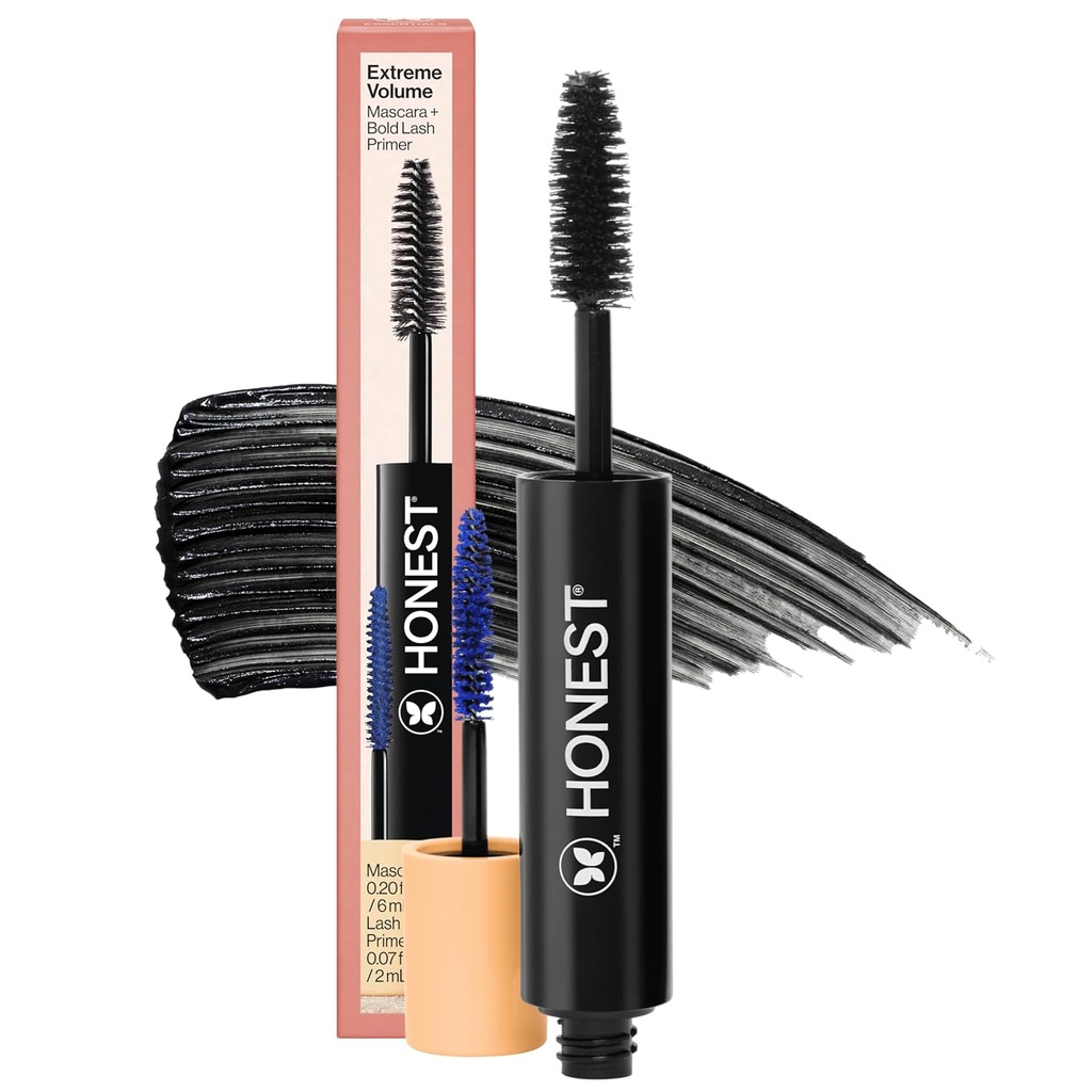 Uczciwa uroda 2-in-1 Ekstremalna głośność Czyste Mascara + Śmiały Lash Primer z Castor Oil 124; Maksymalna objętość + Curl 124; Wegan + Bezpieczny dla wrażliwych oczu 124; Czarny, .27 fl oz