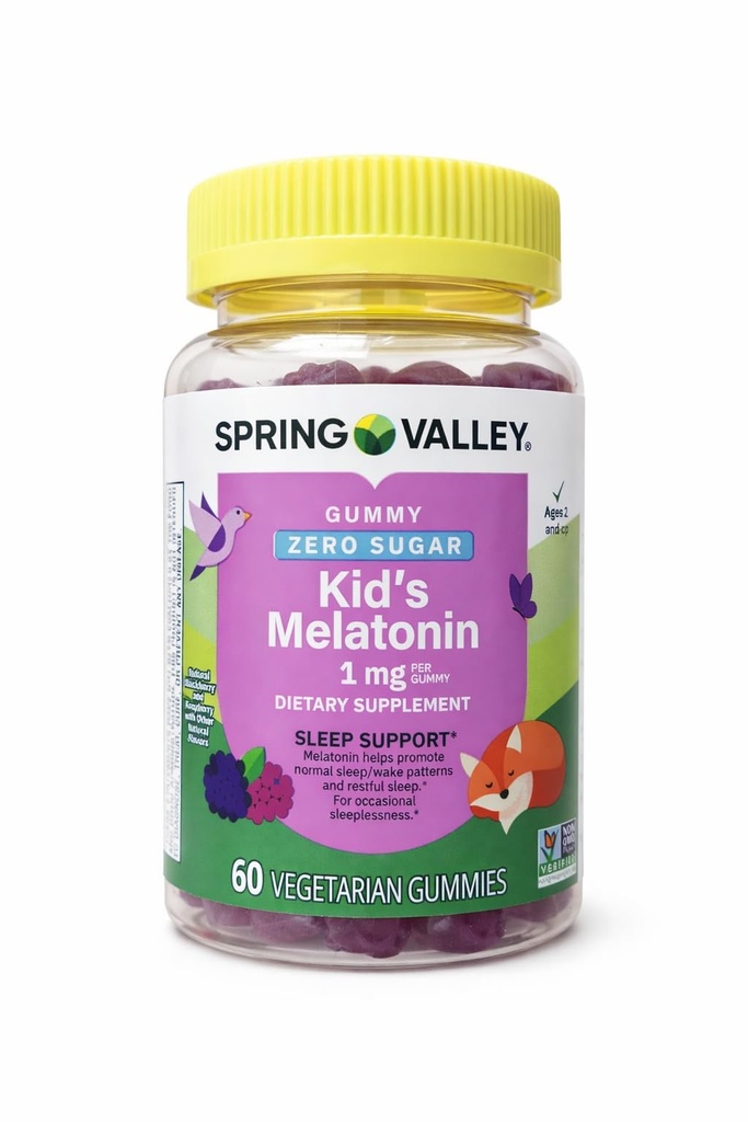 Wiosenna Dolina Wegetariańskie gumki melatoniny dla dzieci, Wsparcie snu, 60 Ct + Twój przewodnik witaminy