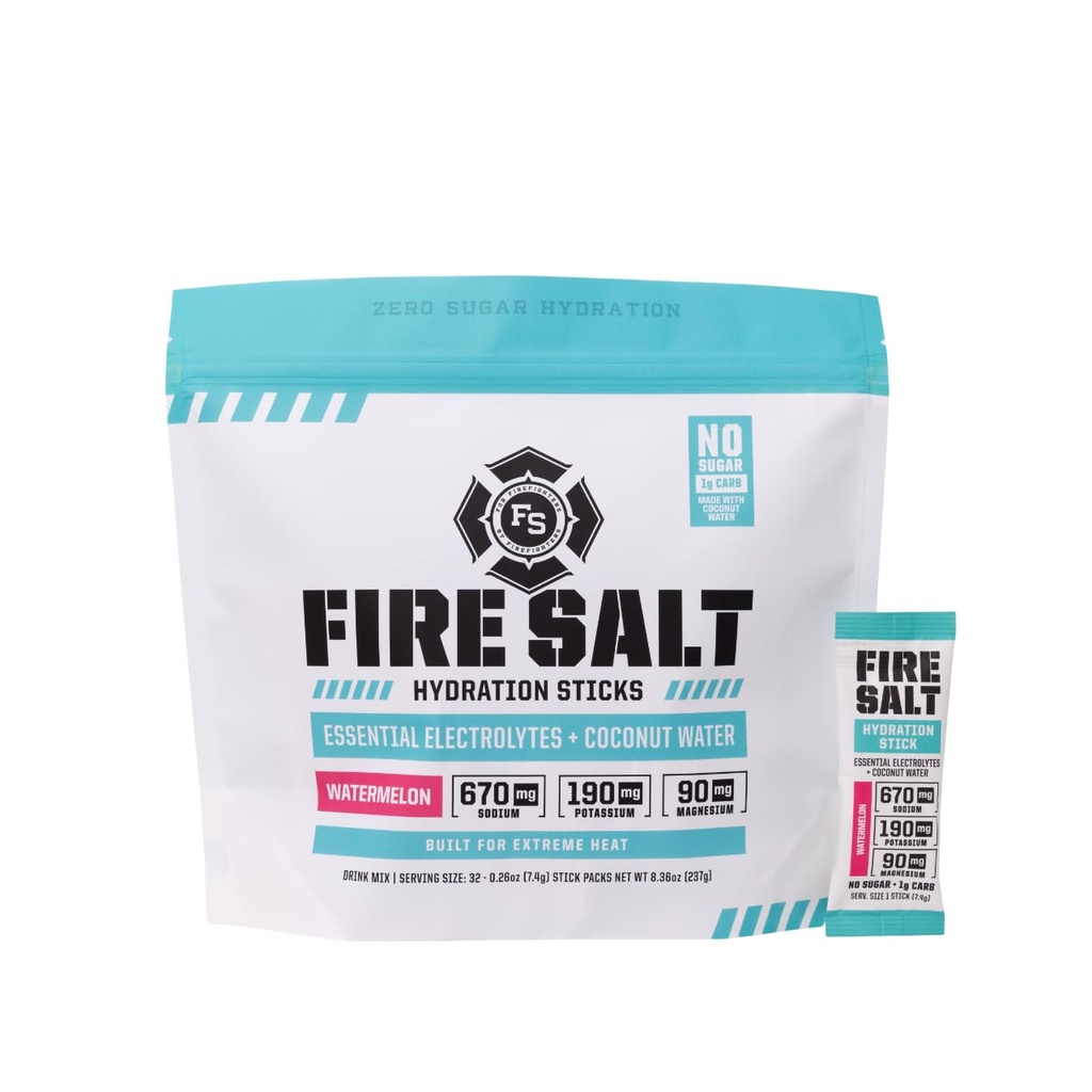 Fire Science Fire Salt Hydration Sticks, Electrolytes & Woda kokosowa, Napoje nawadniające mieszanki z magnezu, Potas & Sód, Cukier zerowy, Pojedynczy Serw na Go Packs, Arbuz Flavor, 32 Hrabia