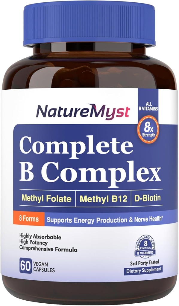 Kompletny kompleks B, Wszystkie witaminy 8 B, Metyl B12, Metyl Folate, Biotin, P- 5- P, Wysoko wchłaniane, Produkcja energii, 60 Kapsle wegańskie