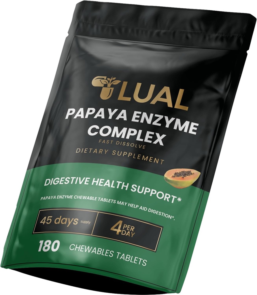 LUAL Papaya Enzym Complex - Tabletki do żucia z Papain, Bromelain & Digestive Enzymy - Pomaga w trawieniu i odżywianiu Wchłanianie - Natural Papaya Flavor - 180 Count