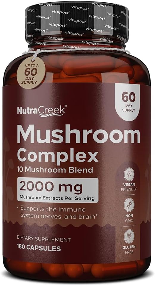 Grzyb kompleks 124; Grzyb Cordyceps, Reishi, Shiitake, Maitake i Lions Mane Supplement. 10- Mushroom Suplement do wsparcia umysłu i ciała 124; 180 Mushroom Kapsułki