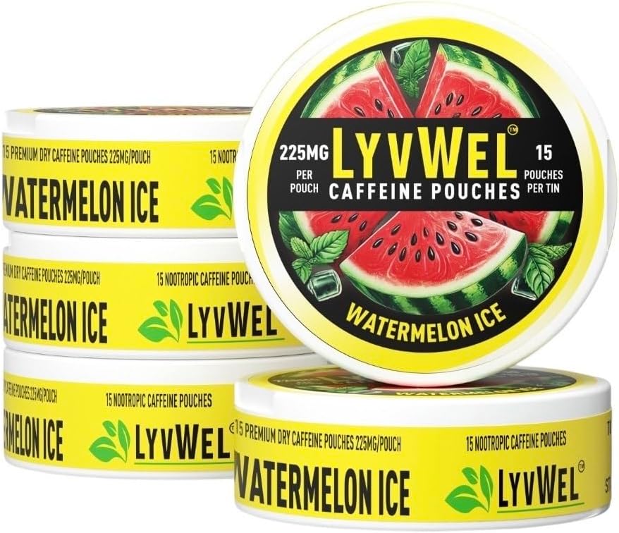 LyvWel 225mg Kofeina Pouches Energetyka - Arbuz Lód 5- Pack (75 Pouches) - Odświeżanie Energia i Focus - Wzmocniony gwarancyjny czysty Boost do treningu i grind