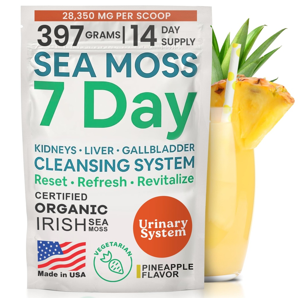 Atlantic Naturals Sea Moss 7 Day Detox Wątroba, pęcherzyk żółciowy & Nerka Cleanse - Wsparcie z Dandelion Root, Mleko Thistle, Burdock Root, Red Clover, Chanca Piedra - Ananas Flavor Drink Mix (14 oz)