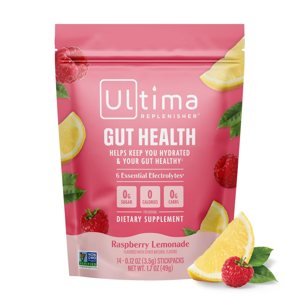 Ultima Replenisher Gut Supplement Health and Electrolytes Powder - Lemoniada malinowa, 14 Pakiety Stickpack - Pakiety nawadniające z dodatkiem Gut Health Benefits