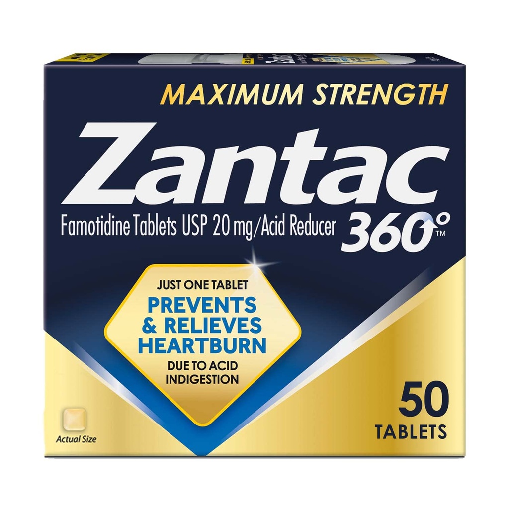 Zantac 360 tabletek o maksymalnej mocy, 50 sztuk, zapobieganie oparzeniom serca i ulga, 20 mg tabletek
