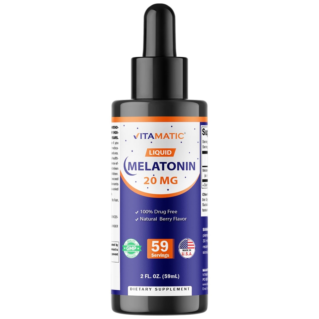 Witamatyczna melatonina 20 mg krople płynne - 2 unce płynne (59ml) - Naturalny aromat jagodowy - dla dorosłych - Nie-GMO - Suplement wegetariański