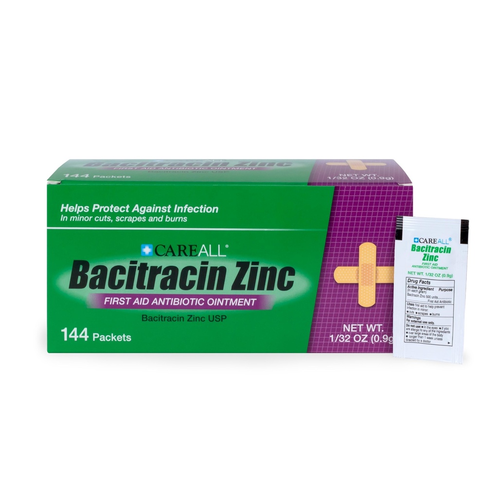 CareAll Bacitracin Antibiotic Cynk Ointment (144 Pack), 0.9gr Foil Packet. Maść o pierwszej pomocy, która zapobiega infekcjom drobnych cięć, łusek i oparzeń