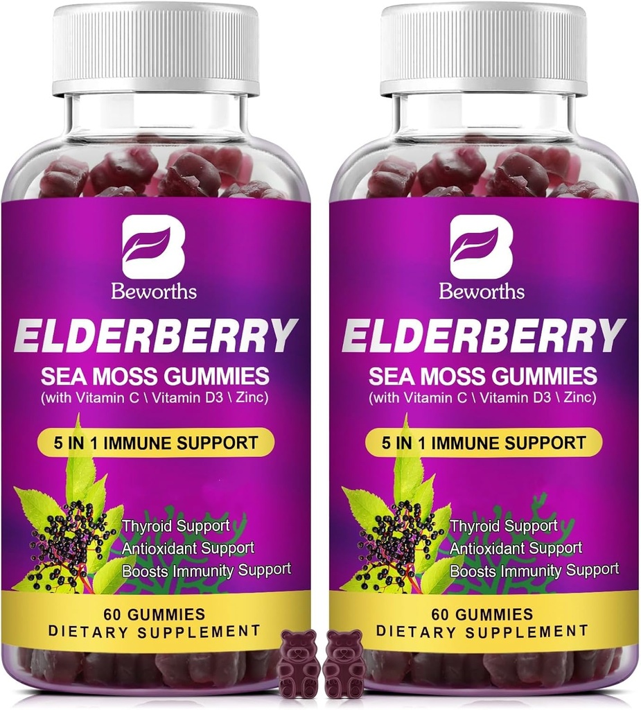 (2 Pack Elderberry Gummies & Irish Sea Moss, Organic Sambucus Elderberry Gummy z Seamoss, Cynk, Witamina C, D3, Multivititamin Elderberry Vitamin - Cukier wolny