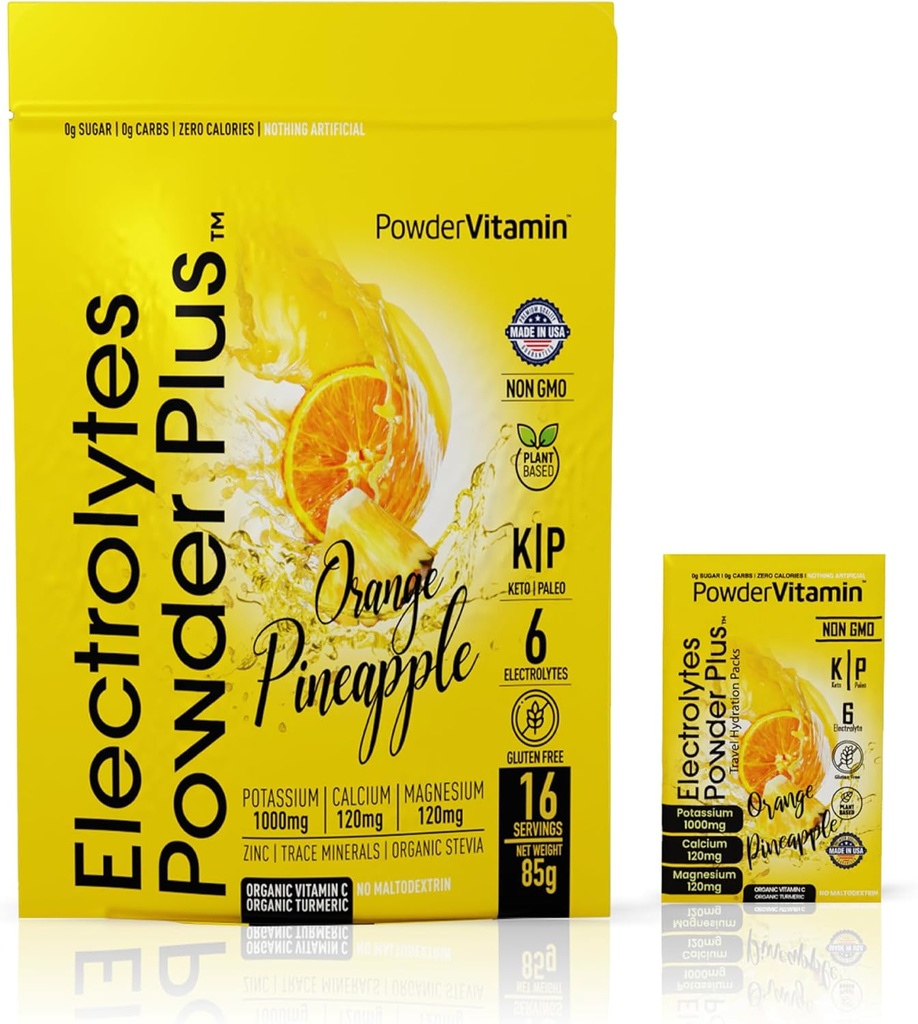 Proszek PowderWitamina Electrolytes Plus, Keto, Ananas pomarańczowy, Bez cukru, Sól różowa himalajska, 1000mg potasu, 120mg wapnia, 120mg magnezu, Non-GMO, Zero Kalorii, (16 pakietów nawadniających)