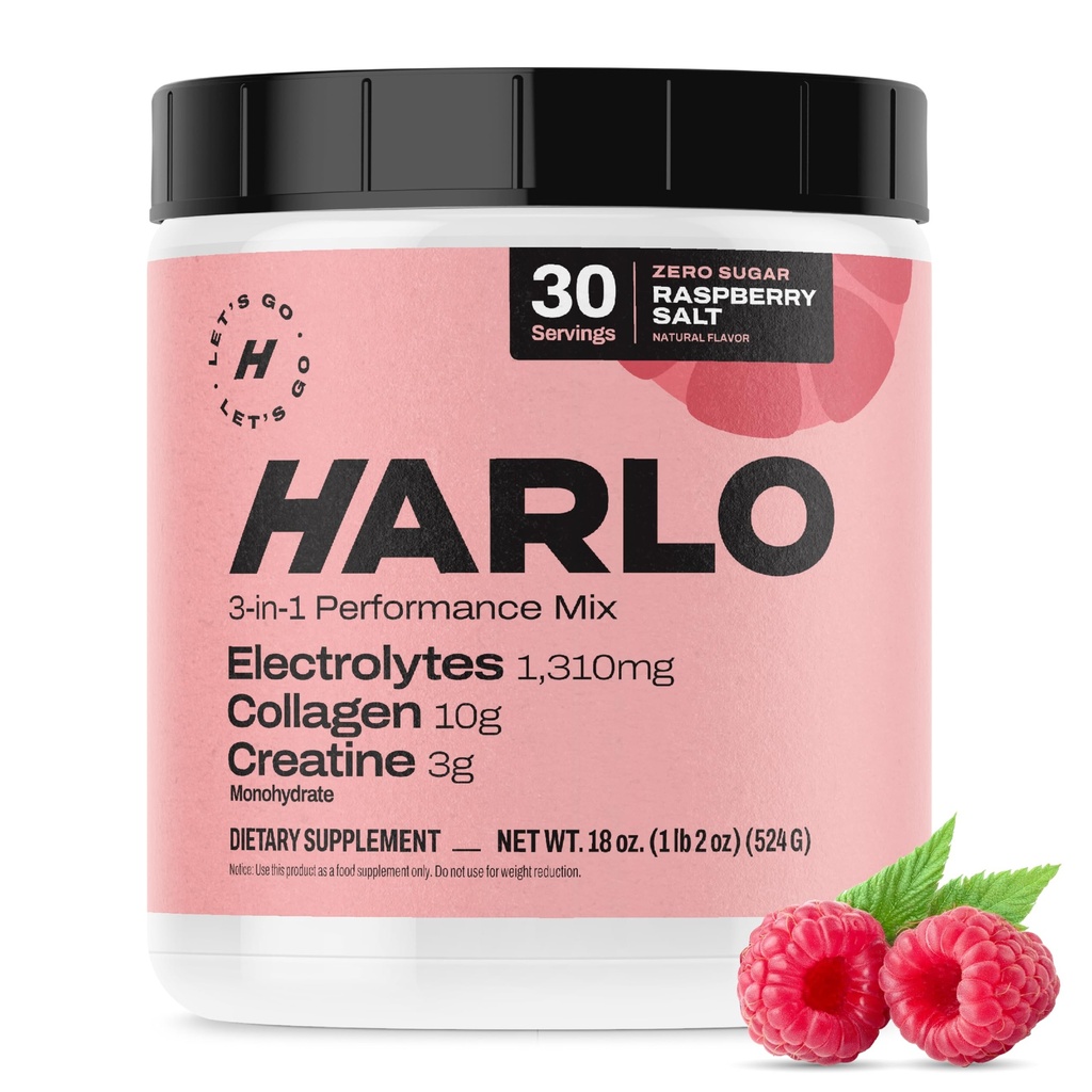 Harlo - Malina Salt Electrolyte Drink Mix z Kolagenem Bydlęcym i Kreaty- Kreatyna Monowodzian Proszek - Energy Drink Proszek - Wstępny trening Proszek - Bez cukru Napoje energetyczne - Po treningu Odzysk