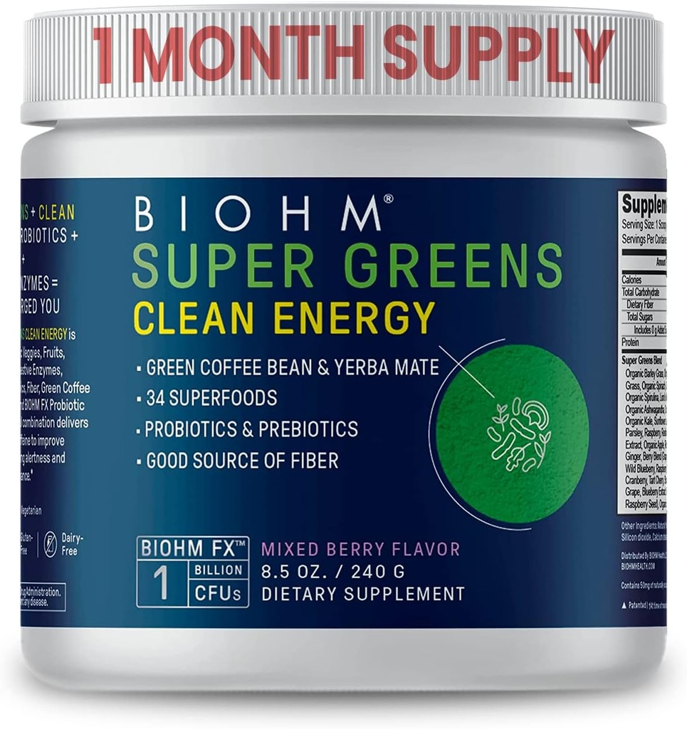 BIOHM Super Zielone Czysta Energia, Zielony Superfood Powder (8.5 Oz, 30 Służenia) Wspiera Gut Zdrowie i Cognition, 34 Naturalne owoce, roślinne i ziołowe ekstrakty z Prebiotyki, Probiotyki i Enzymy