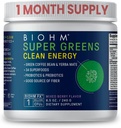 BIOHM Super Zielone Czysta Energia, Zielony Superfood Powder (8.5 Oz, 30 Służenia) Wspiera Gut Zdrowie i Cognition, 34 Naturalne owoce, roślinne i ziołowe ekstrakty z Prebiotyki, Probiotyki i Enzymy