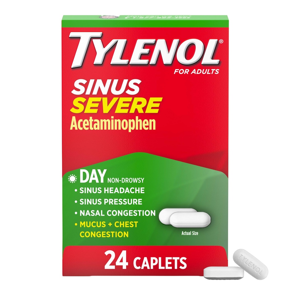 Tylenol Sinus Ciężki dzień zimny & Flu Lekarstwa ulgowe Caplets, Non- Drowsy Reliever Pain, Fever Reducer Expectorant & Decongestant, Acetaminofen, Guaifenesin & Fenylephrine HCl, 24