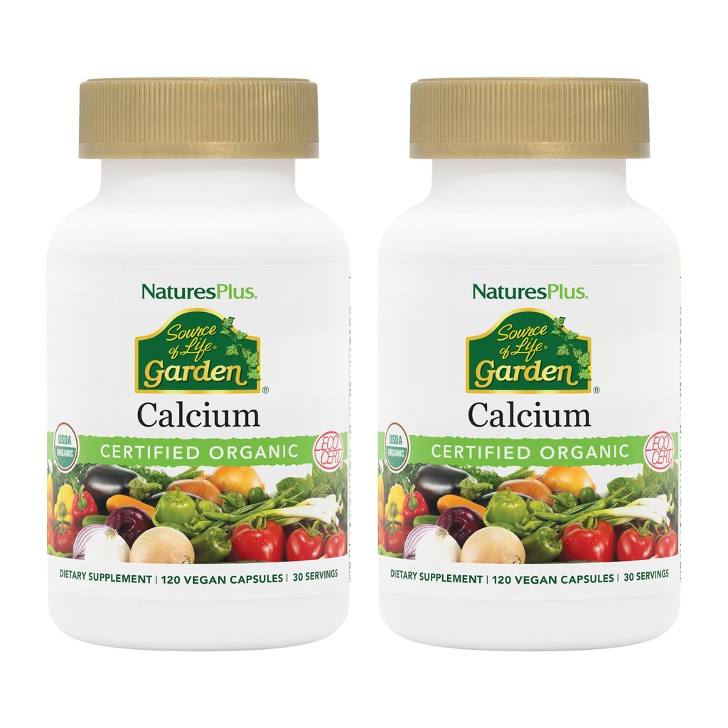 NaturesPlus Źródło Life Garden Wapń - 120 Kapsułki wegańskie, Opakowanie 2 - wegetariańskie, Gluten Free, Certified Organic - 60 Służenie ogółem