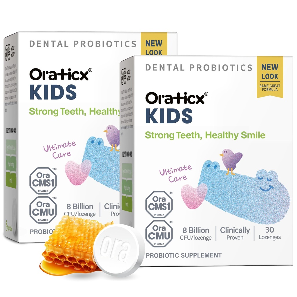 OraTicx Dzieci Probiotyki dentystyczne do anty- Jaskini + Zdrowe Zęby i Gumy, 8 Miliard CFU Probiotyki do zdrowia jamy ustnej, Jogurt Flavor 2- Pack