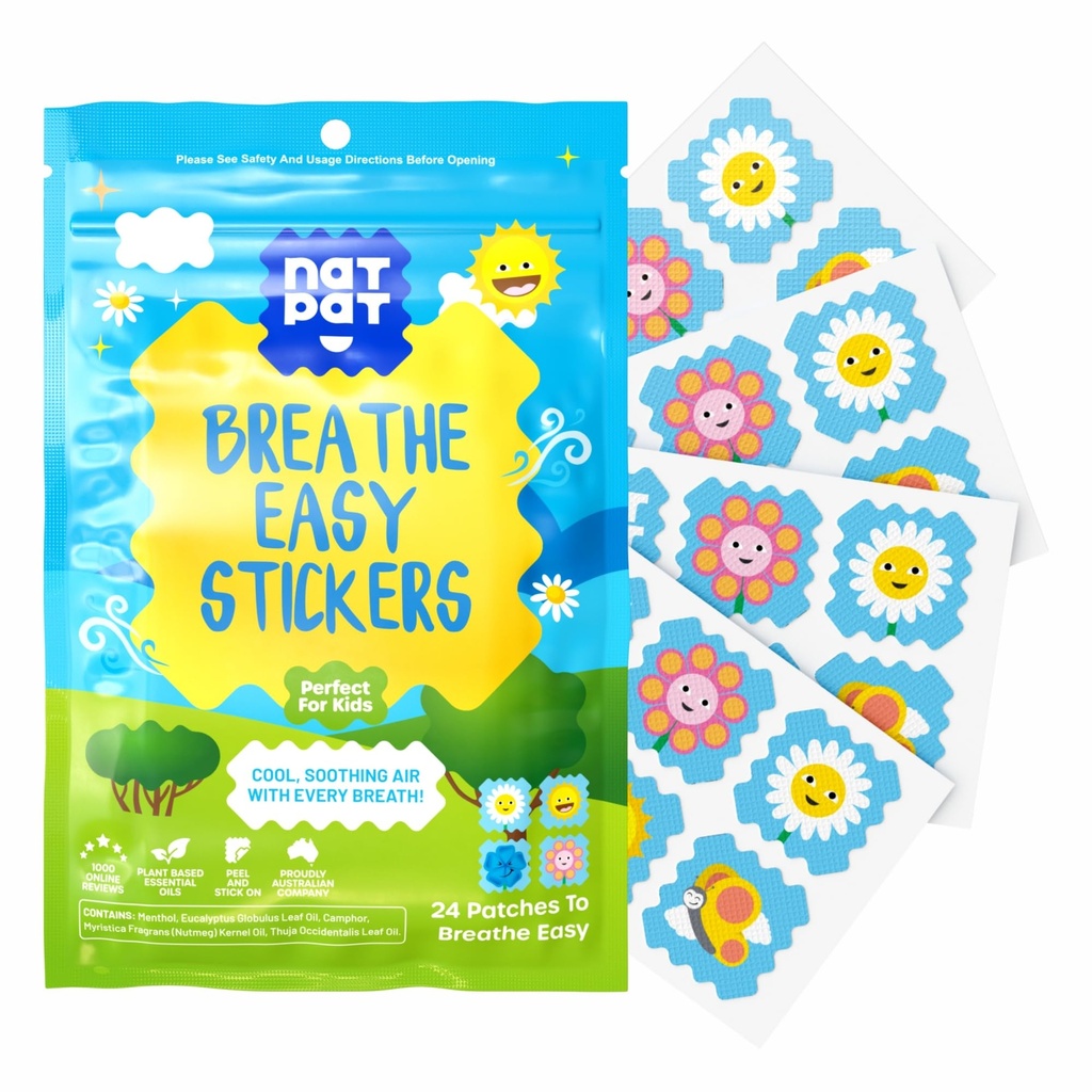 NATPAT Breathe Easy Stickers - Stuffy Patch dla dzieci i dorosłych - All- Natural Cold and Allergy Relief for Congestion, Chemical and Drug Free - BuzzPatch Natural Patch (24 Pack)