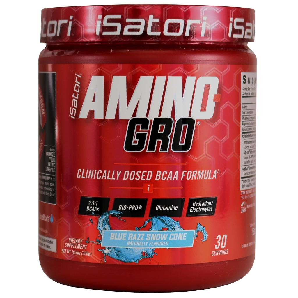 iSatori Amino- GRO BCAA Proszek, Aminokwasy rozgałęzione z glutaminą, proszek elektrolitowy i bio- GRO Bio- Aktywne peptydy dla Muscle Growth & Post Workout Recovery, Blue Razz Snow Cone (30 Służenie)
